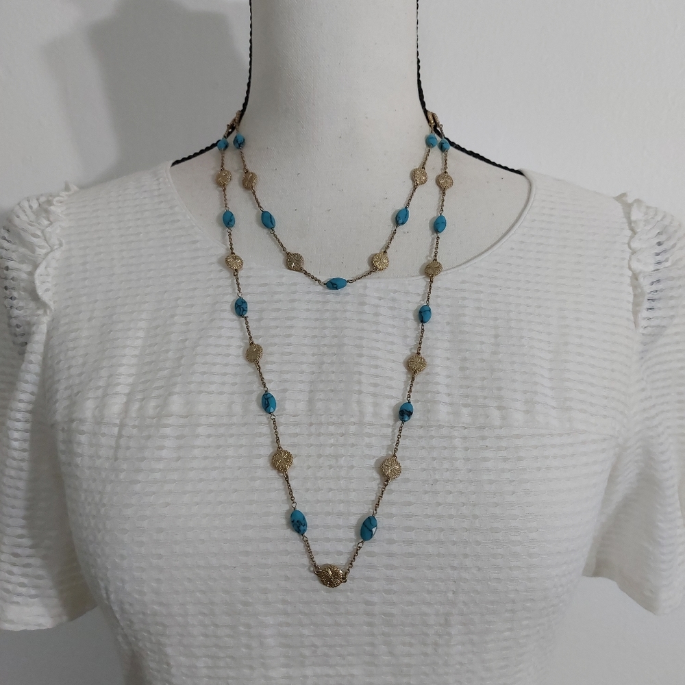Gold Tone Sundial Coin and Faux Turquoise Layered Statement Necklace